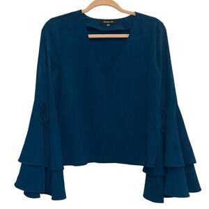 Sugar + Lips Teal Ruffle Bell Sleeve Blouse V-Neck Flowy Top Women’s Size Small